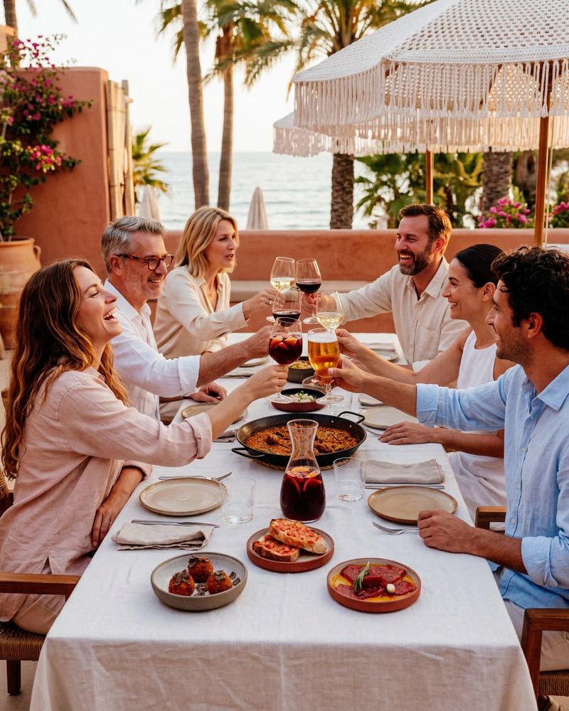 Amigos brindando en una terraza junto al mar con una paella en la mesa